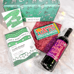 Products laying outside the MOYU Not Another Ugly Christmas Sweater Box