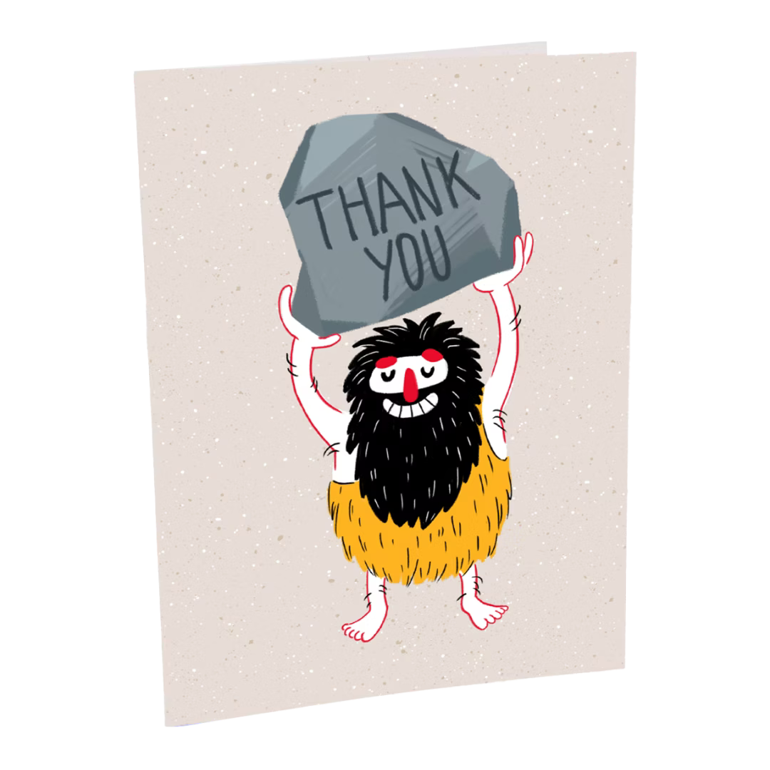 Reusable card with a cartoon character holding a rock that says 'Thank You' on a beige background