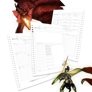 Collage of a dragon, a character from a fantasy game, and a notebook with game sheets.